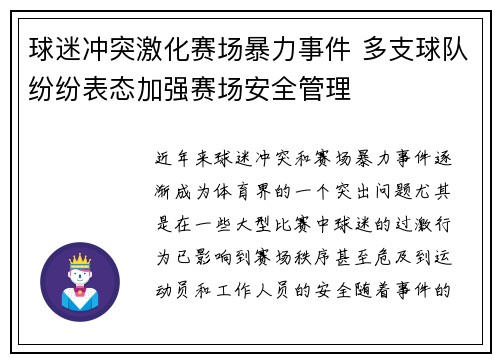 球迷冲突激化赛场暴力事件 多支球队纷纷表态加强赛场安全管理 球迷冲突激化赛场暴力事件 多支球队纷纷表态加强赛场安全管理